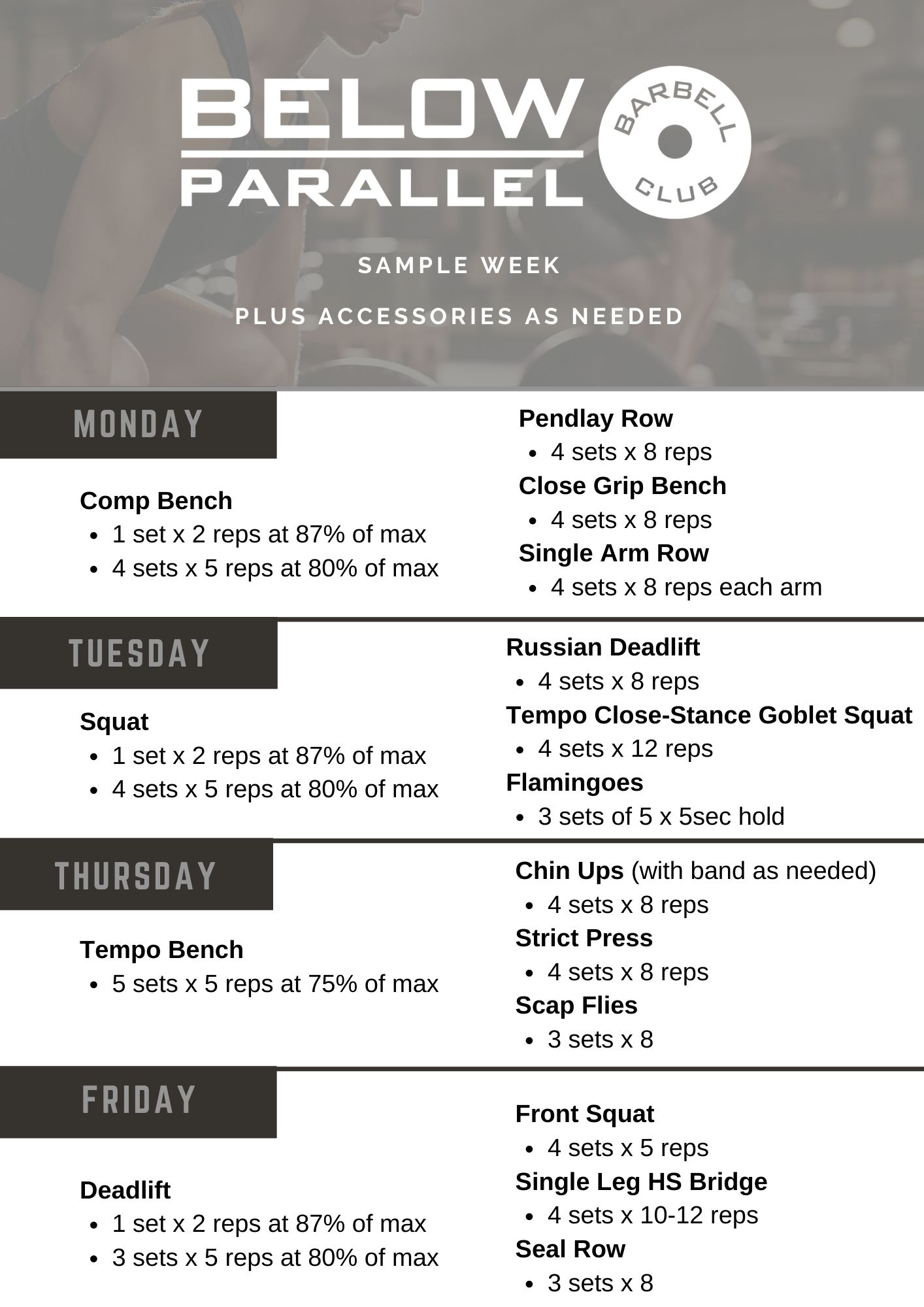 Sample Training Week - Below Parallel Barbell Club